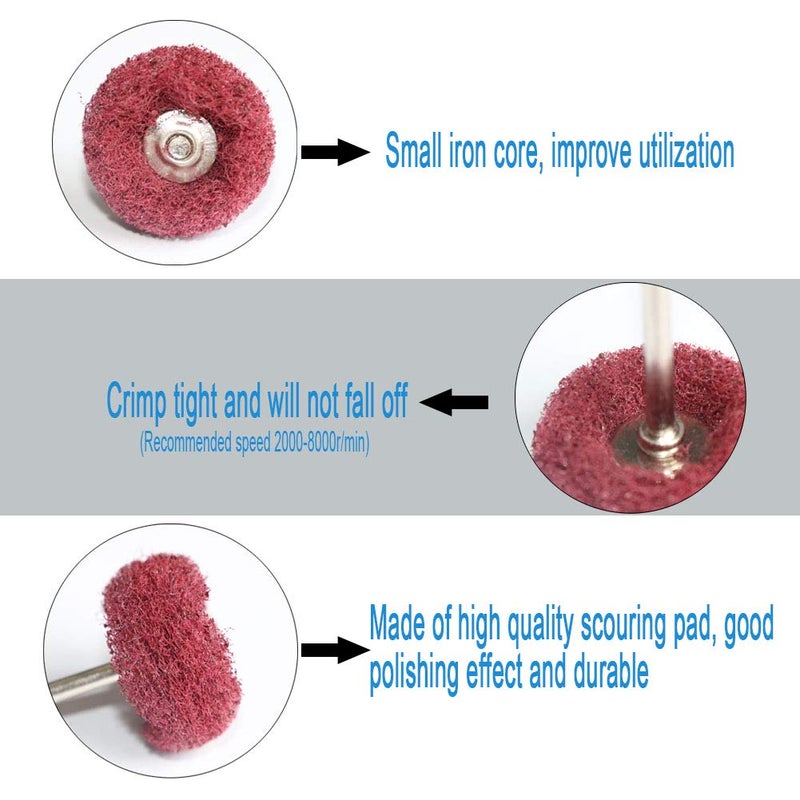 FPPO 50PCS Abrasive Buffing Polishing Wheel Set for Rotary Tools,Removal of Rust Deburring on Metal Surface with 3mm Shank,Mini scouring pad Brush Polishing kit(grit 320 red 50pcs) - Image 5